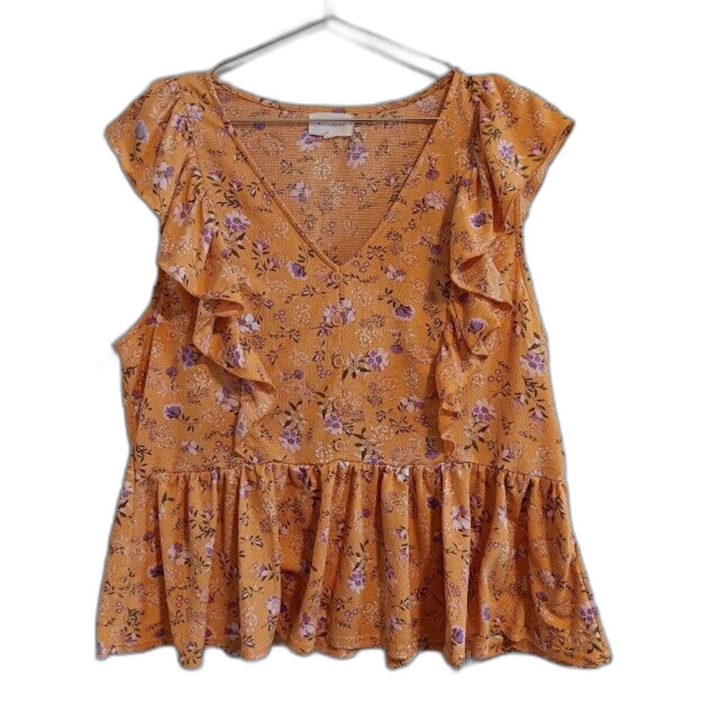 Melloday Womens XL Yellow Purple Floral Ruffle Short Sleeve V-Neck Blouse Top